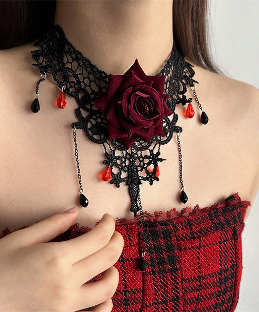 Ensemble élégant de deux pièces avec collier et bracelet en chaîne en dentelle rouge et rose, collier princesse à pompons - Street-Wave