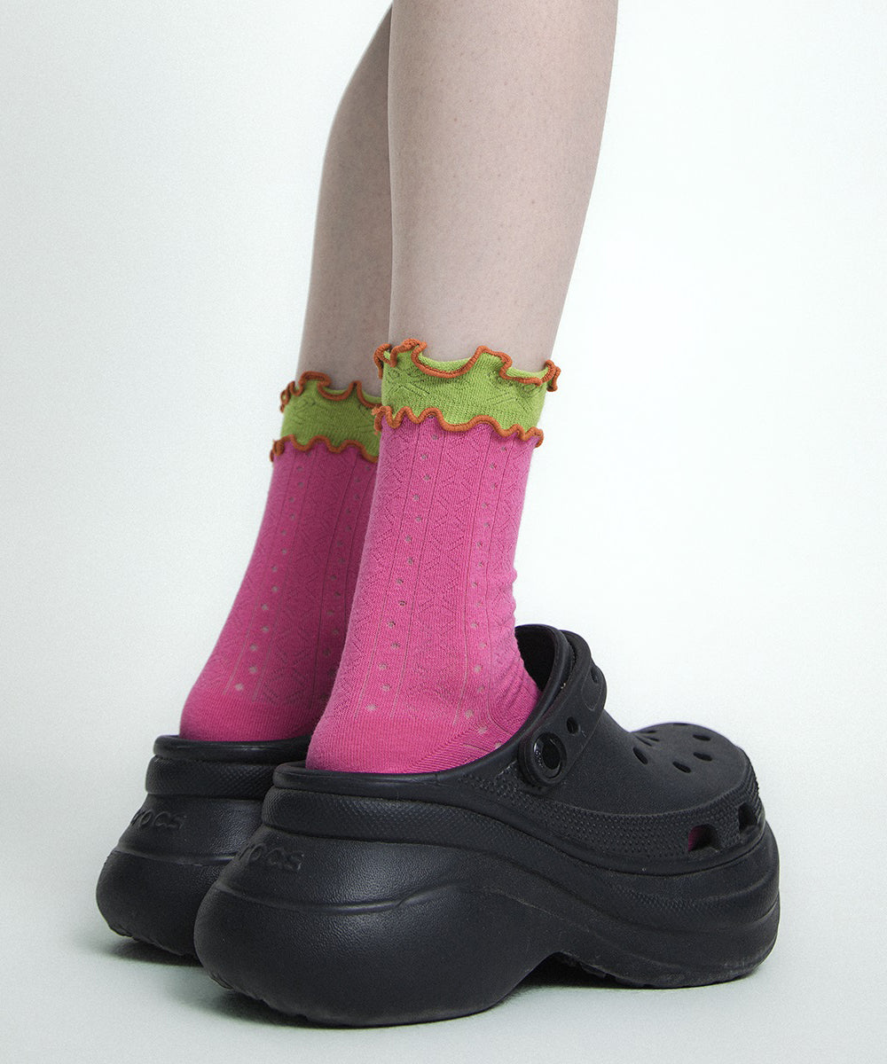 Chaussettes mi-mollet élégantes en coton ajouré à volants et patchwork - Street-Wave