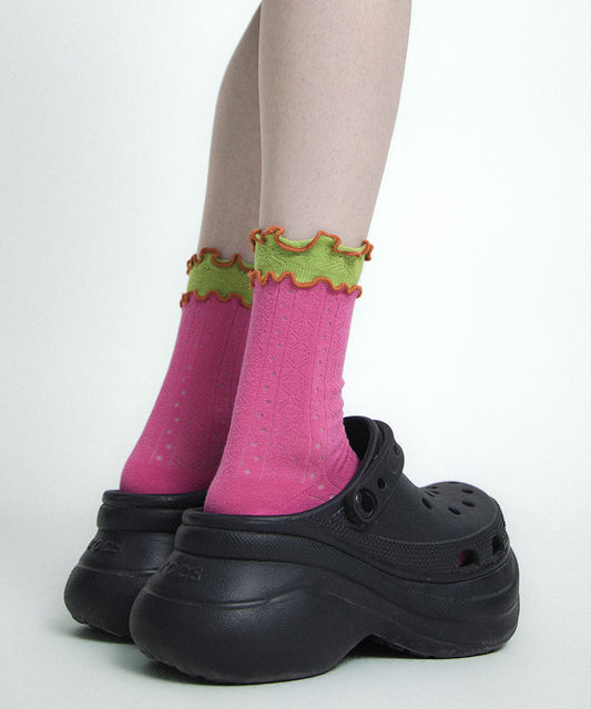 Chaussettes mi-mollet élégantes en coton ajouré à volants et patchwork - Street-Wave