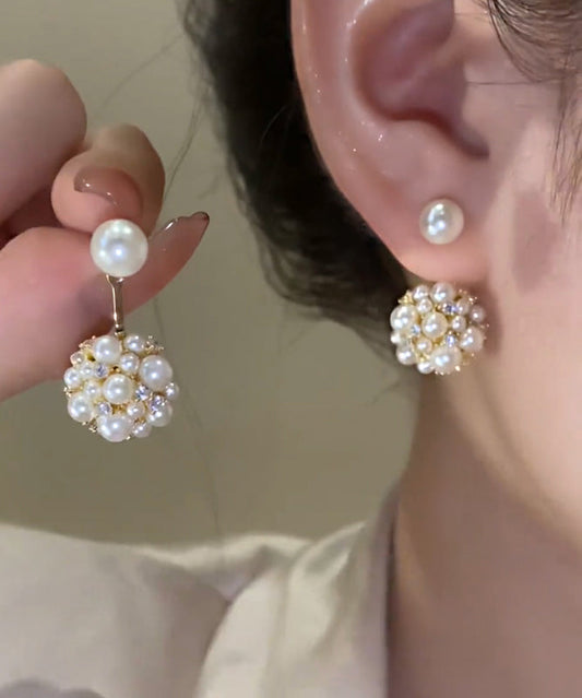 Boucles d'oreilles à tige élégantes en cuivre blanc avec perles de zircon surdorées - Street-Wave