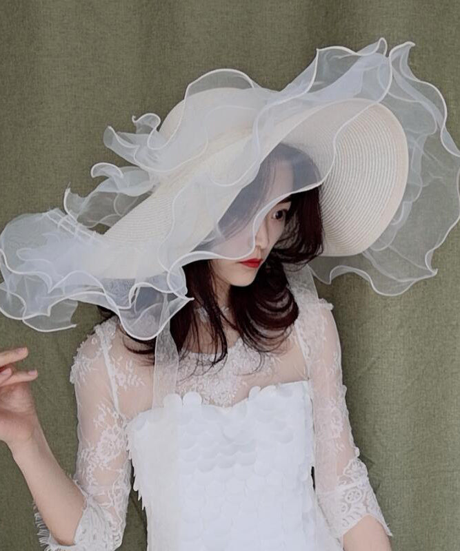 Chapeau de soleil élégant en organza blanc à volants et paille tissée - Street-Wave