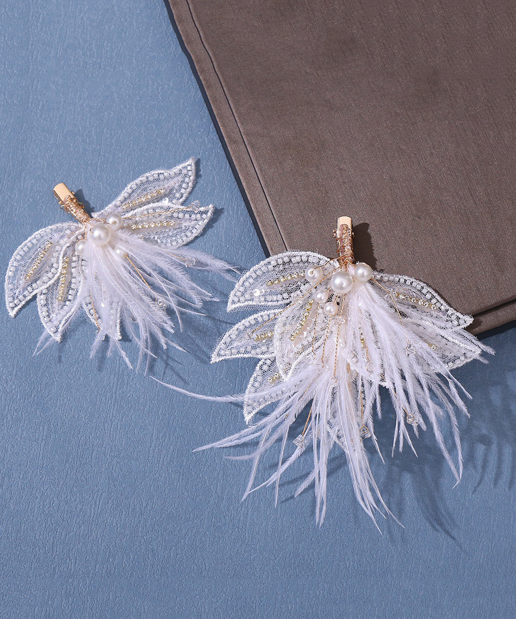 Ensemble élégant de deux épingles à cheveux pour filles, en tulle, avec plumes et perles blanches surdorées - Street-Wave