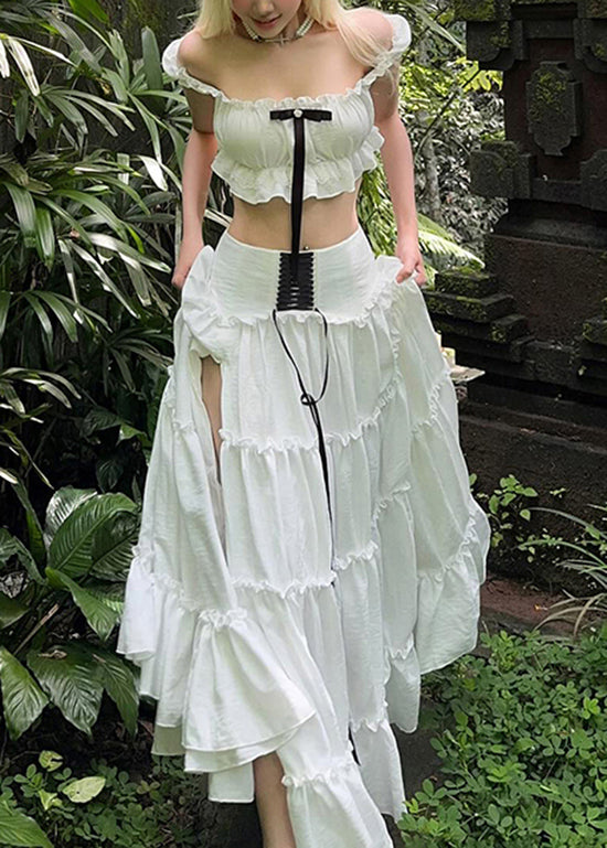 Ensemble deux pièces élégant en coton patchwork à volants blancs pour l'été - Street-Wave