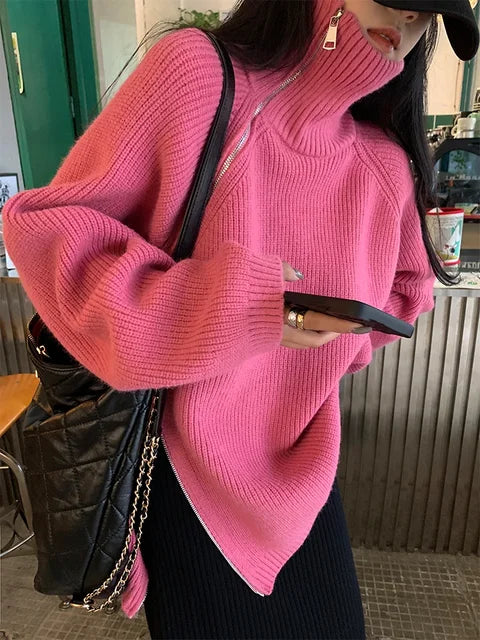 Street-Wave Classic Red Pullover With Stand Collar For Women Cozy Everyday Knitwear Modern Minimalist Style