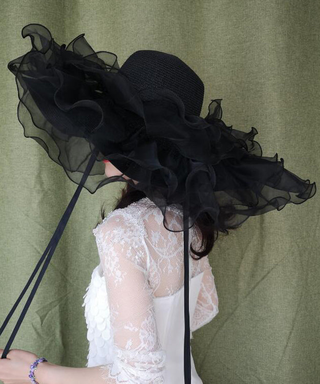 Chapeau d'été en paille tressée à larges bords noirs et volants en organza - Street-Wave