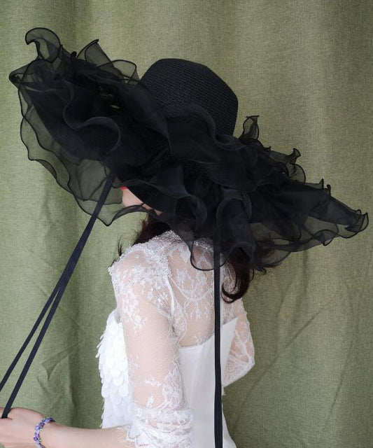 Chapeau d'été en paille tressée à larges bords noirs et volants en organza - Street-Wave