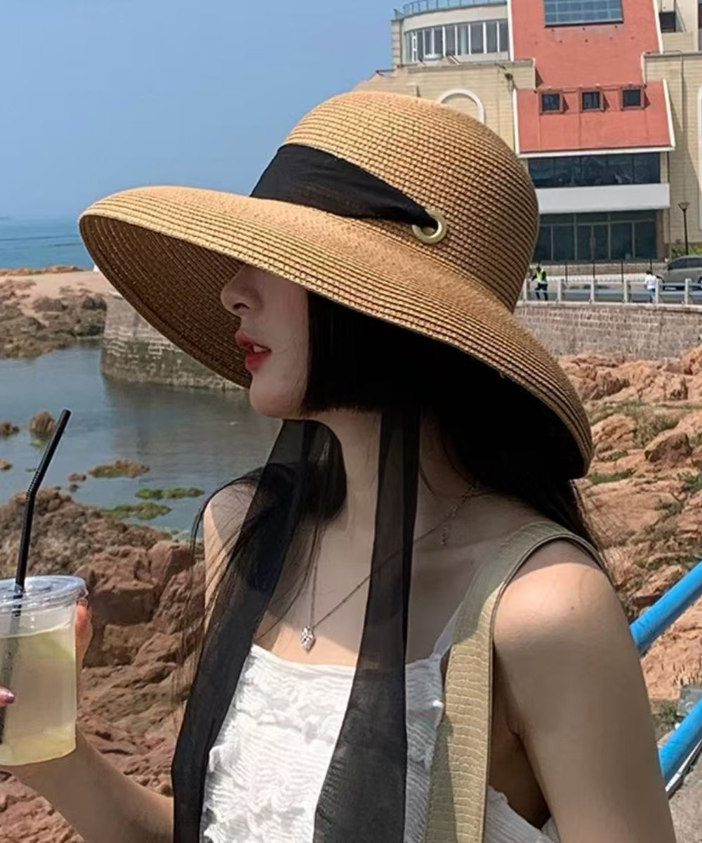Chapeau de soleil d'été polyvalent en paille tissée kaki de style français - Street-Wave