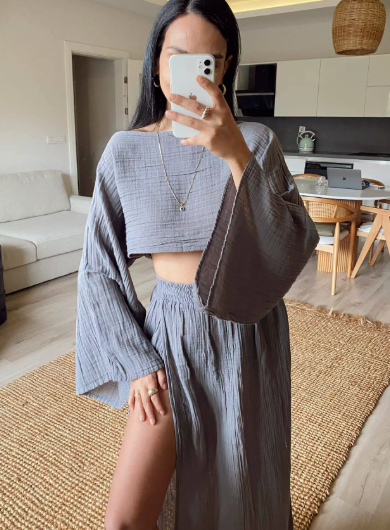 Gauze Breathable Two Piece Set Top Wide Sleeves High Slit Maxi Street Wave Women