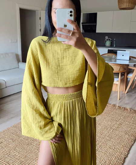 Gauze Breathable Two Piece Set Top Wide Sleeves High Slit Maxi Street Wave Women