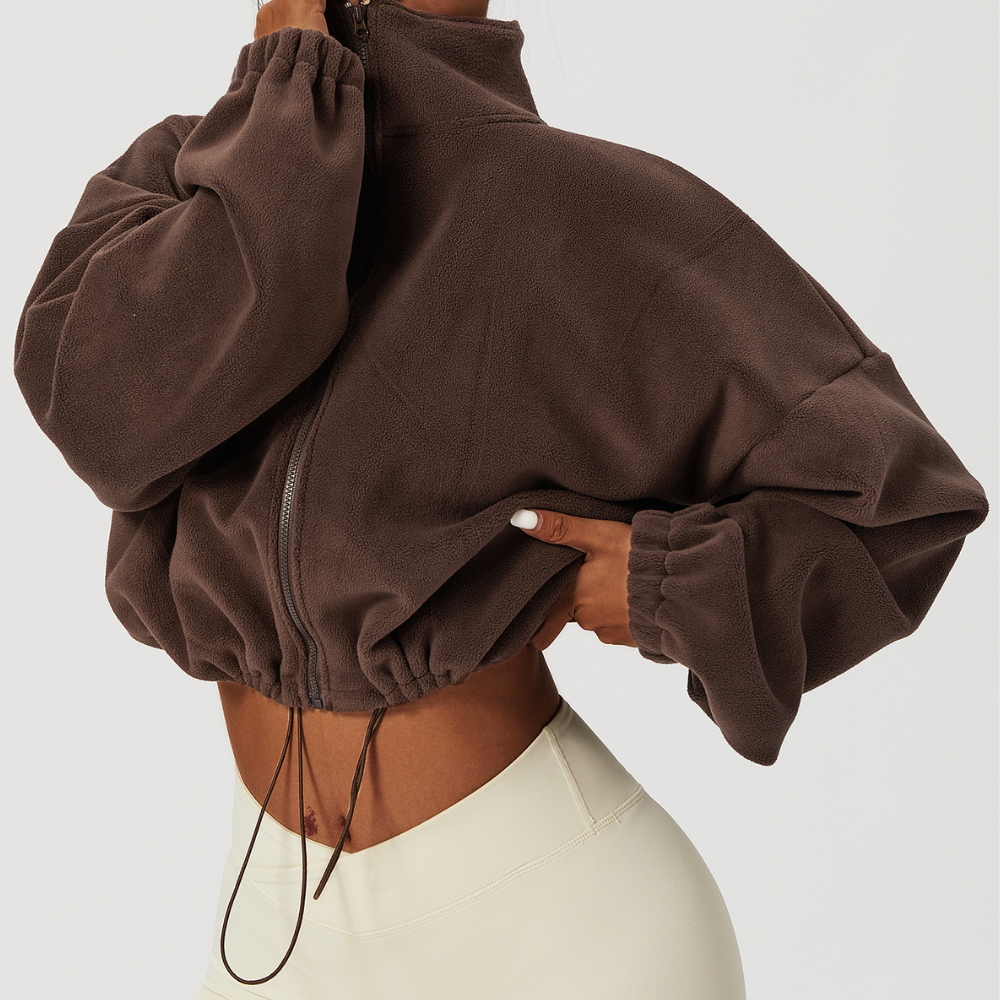 Street Wave Cropped Winter Jacket For Women Warm Cozy Fleece Zip Front Drawstring Hem
