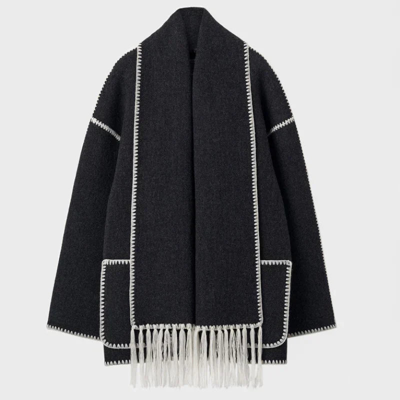 Street Wave Draped Front Wrap Jacket For Women With Fringe Trim Chic Cozy Layering