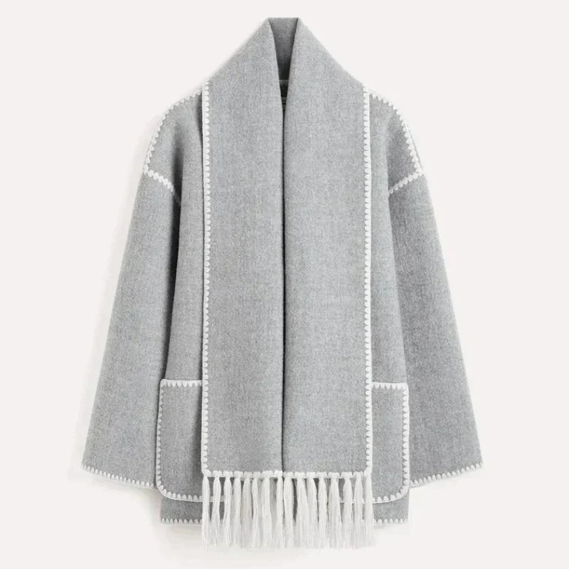 Street Wave Draped Front Wrap Jacket For Women With Fringe Trim Chic Cozy Layering