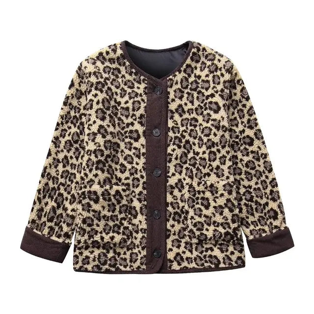 Street-wave Plus Size Leopard Print Cardigan With Soft Knit Fabric And Button Front Ribbed Trim