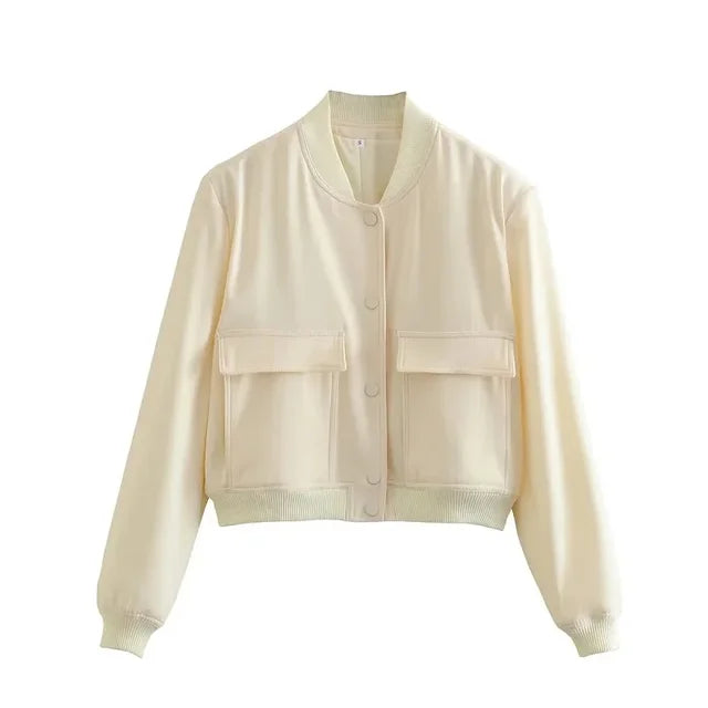 Avelena Elegant Bomber Jacket For Women With Zip Pockets Versatile Everyday Style
