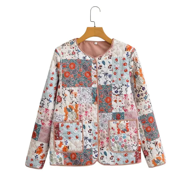 Street-Wave Floral Patchwork Jacket Cozy Polyester Versatile Layering For Women Everyday