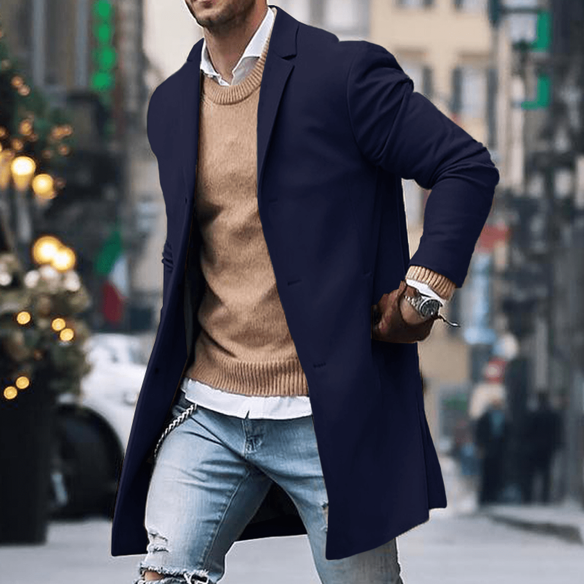 Street Wave Mens Classic Long Coat With Timeless Tailoring For Modern Men
