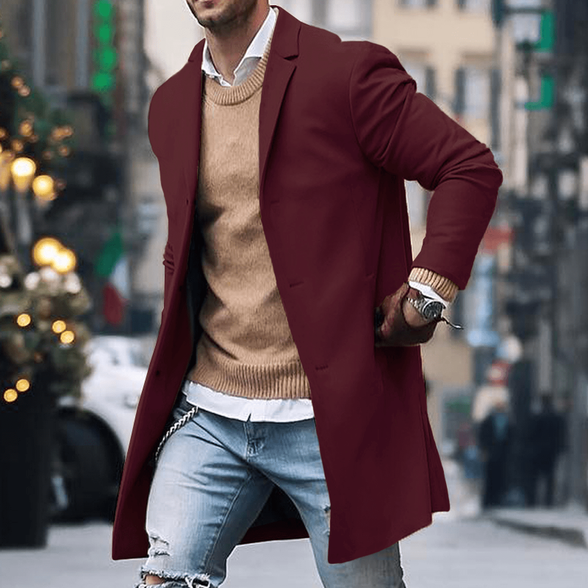Street Wave Mens Classic Long Coat With Timeless Tailoring For Modern Men