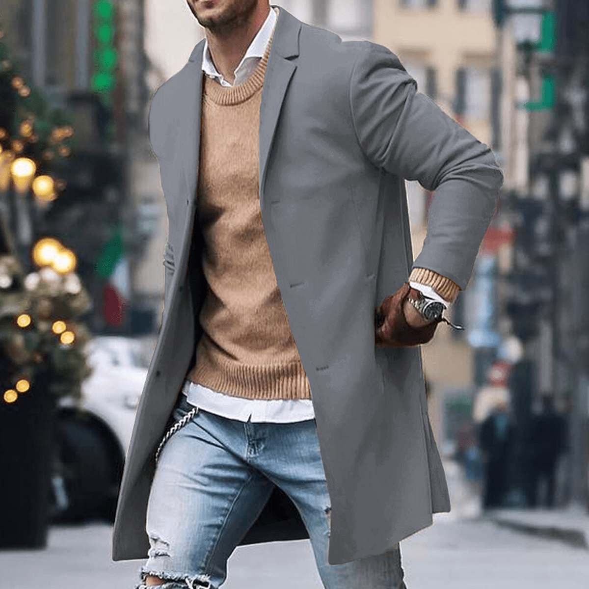 Street Wave Mens Classic Long Coat With Timeless Tailoring For Modern Men