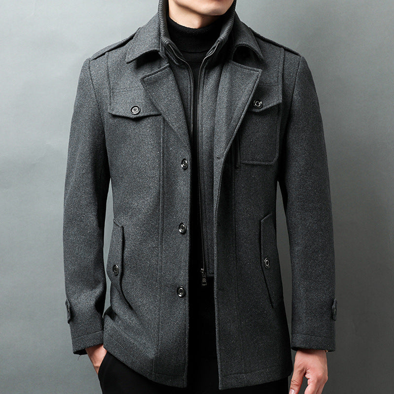 Street-Wave Mens Wool Blend Jacket With Notched Lapel Epaulettes And Structured Fit Button Front