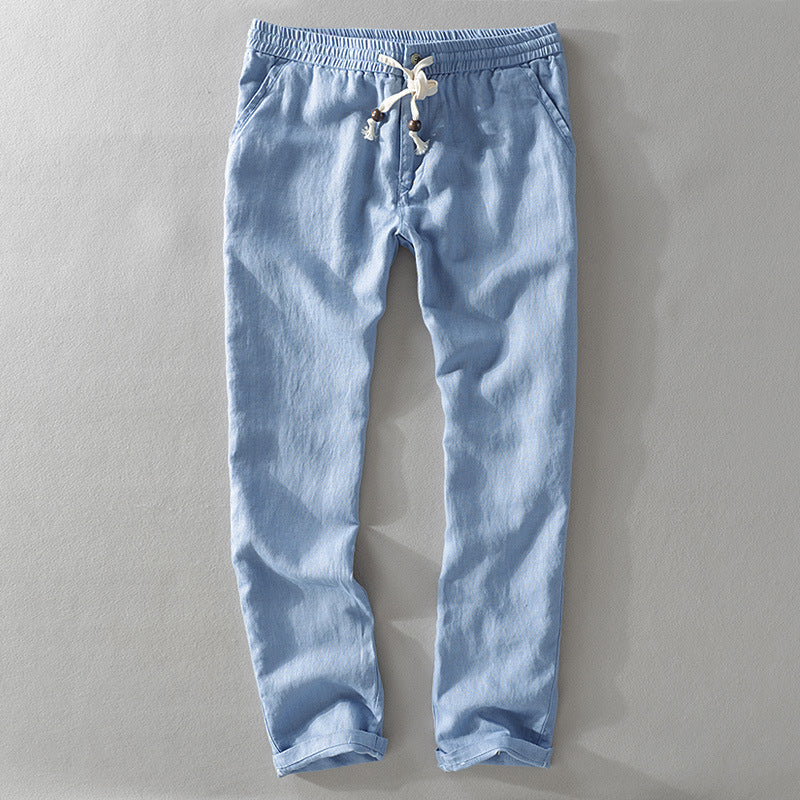 Men's Relaxed Fit Drawstring Trousers With Adjustable Waistband In Breathable Natural Material Full Length