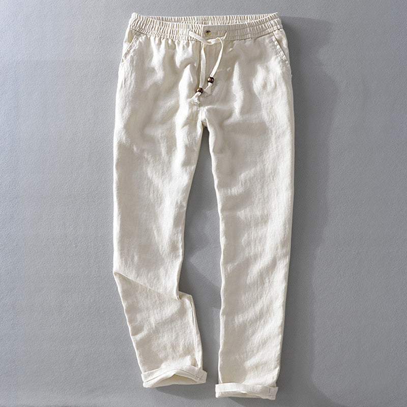 Men's Relaxed Fit Drawstring Trousers With Adjustable Waistband In Breathable Natural Material Full Length