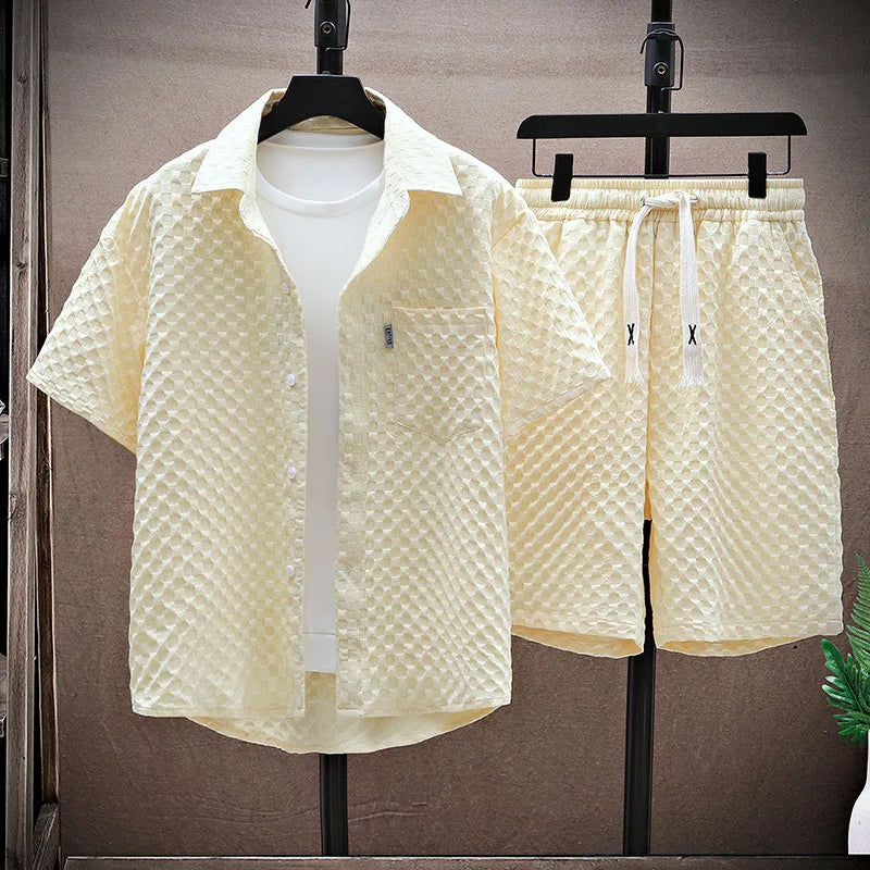Street-Wave Men Streetwear Set Relaxed Fit Textured Shirt And Shorts With Button Closure And Drawstring