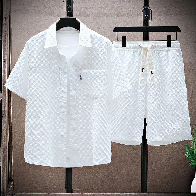 Street-Wave Men Streetwear Set Relaxed Fit Textured Shirt And Shorts With Button Closure And Drawstring
