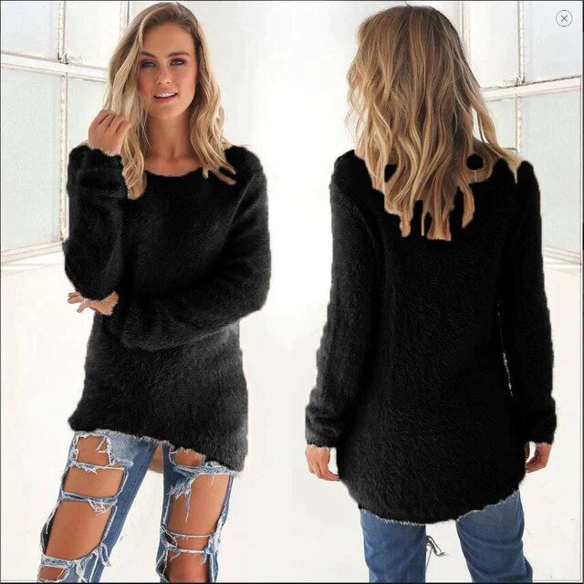 Street Wave Pink Fuzzy Crewneck Sweater For Women Cozy Warm Oversized Plush Knit Everyday