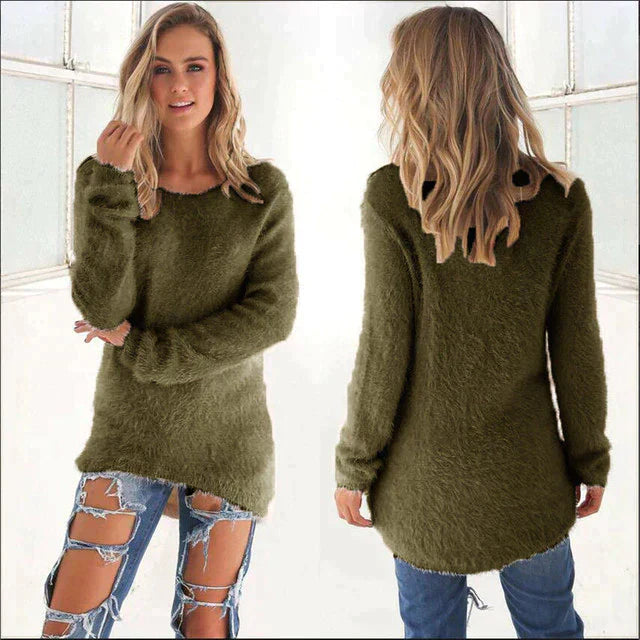 Street Wave Pink Fuzzy Crewneck Sweater For Women Cozy Warm Oversized Plush Knit Everyday