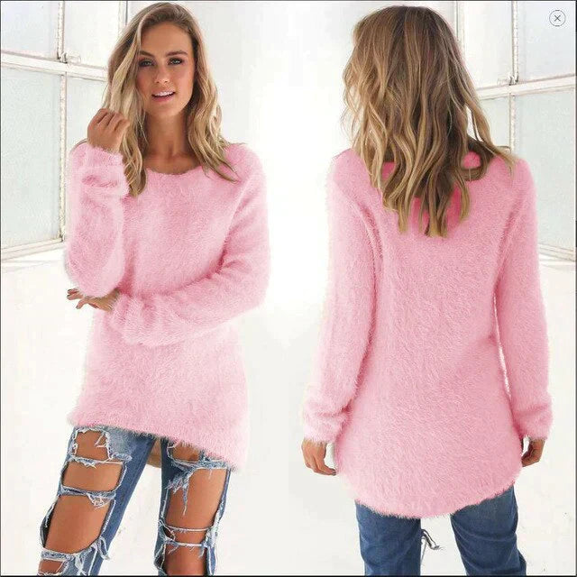 Street Wave Pink Fuzzy Crewneck Sweater For Women Cozy Warm Oversized Plush Knit Everyday