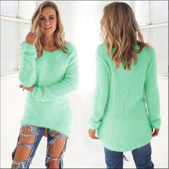 Street Wave Pink Fuzzy Crewneck Sweater For Women Cozy Warm Oversized Plush Knit Everyday