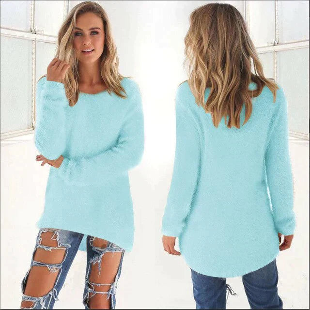 Street Wave Pink Fuzzy Crewneck Sweater For Women Cozy Warm Oversized Plush Knit Everyday
