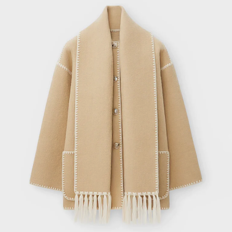 Street-Wave Wool Coat Women Oversized Fit Shawl Collar Fringe Detailing Button Closure Chic