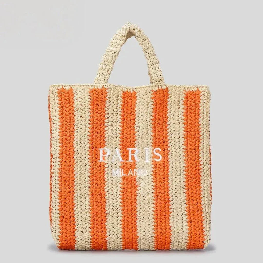 Street-Wave Tressa Woven Striped Tote Bag - Handcrafted Straw Tote With Vibrant Orange Stripes For Beach And Market