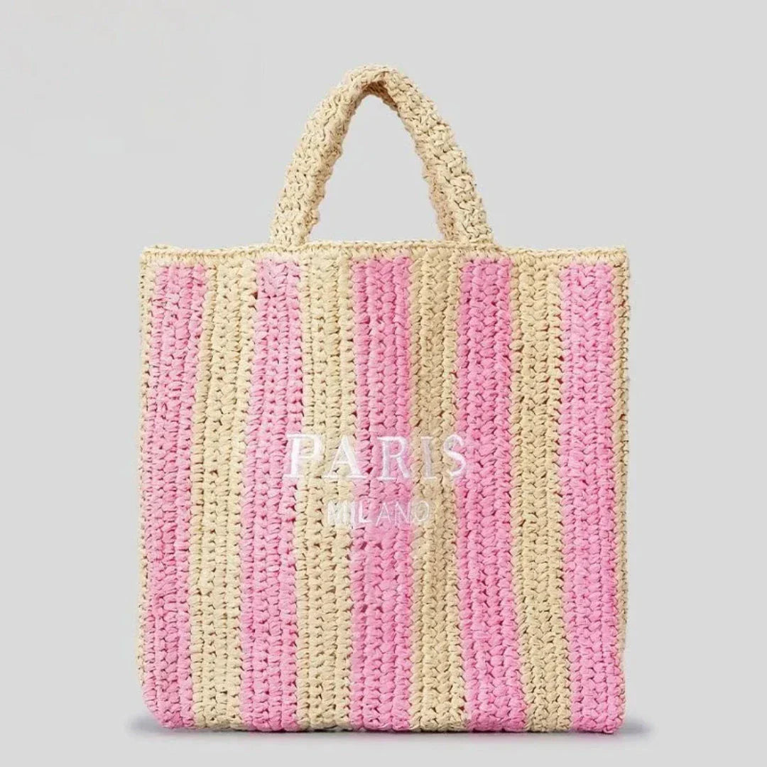 Street-Wave Tressa Woven Striped Tote Bag - Handcrafted Straw Tote With Vibrant Orange Stripes For Beach And Market