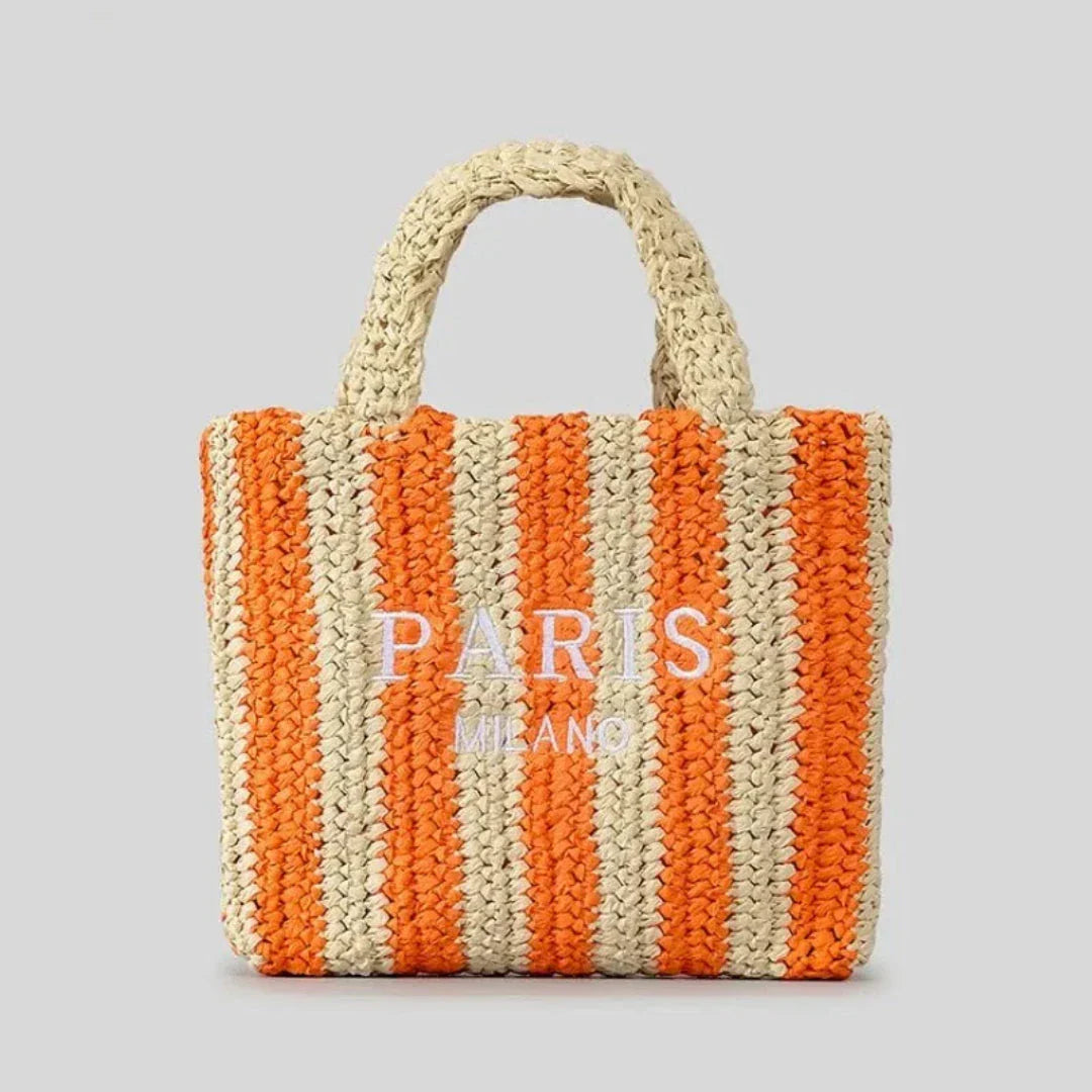 Street-Wave Tressa Woven Striped Tote Bag - Handcrafted Straw Tote With Vibrant Orange Stripes For Beach And Market