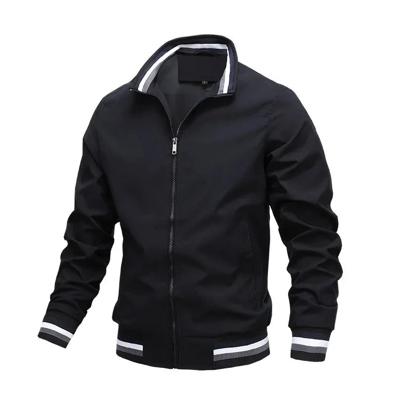 Street-Wave Bomber Jacket For Men Olive Green Zipper Front Striped Cuffs Timeless Style