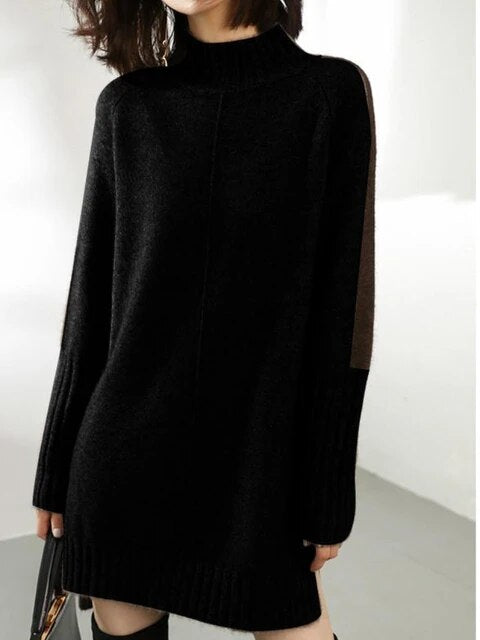Street-Wave Mid Length Knit Sweater With Turtleneck For Women Cozy Oversized Pullover