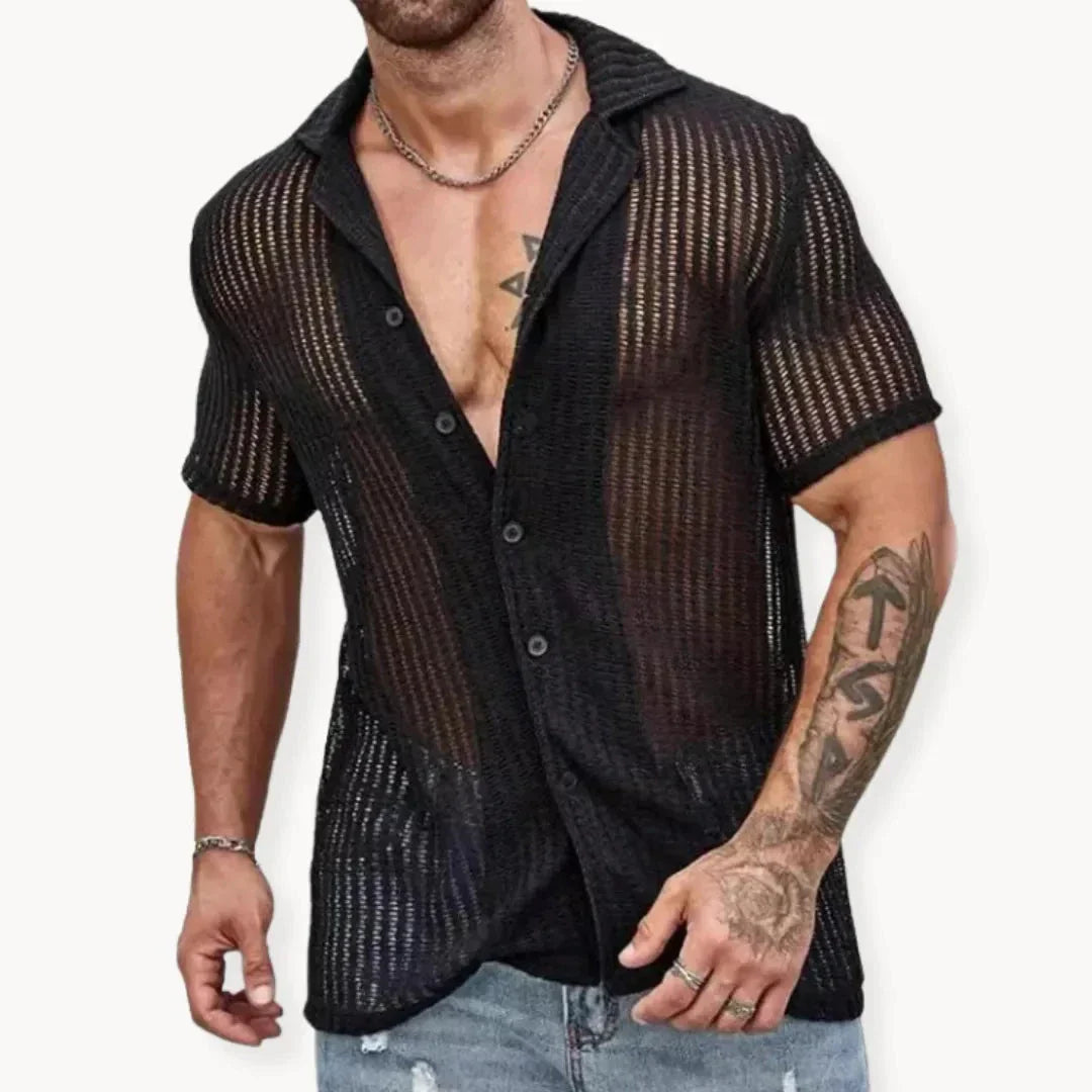 Street-Wave Turin Hollow Knit Button Down Summer Shirt Mesh Style Breathable Open Or Buttoned Beach Streetwear