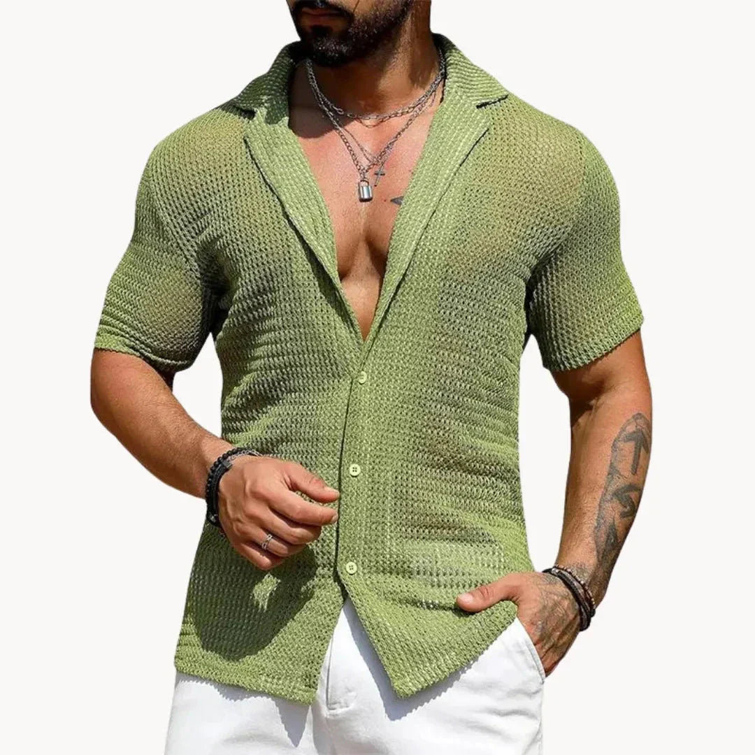 Street-Wave Turin Hollow Knit Button Down Summer Shirt Mesh Style Breathable Open Or Buttoned Beach Streetwear