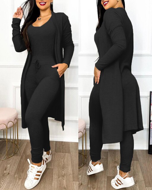 Street-wave Skinny Jumpsuit and Cardigan Set for Women Chic Elegant Comfort Knit Ensemble