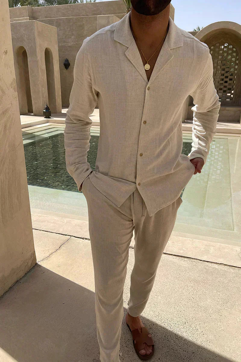 Street-Wave Men Linen Shirt Set Long Sleeve Breathable Cool Comfort Outfit For Formal And Casual Wear