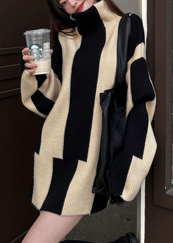 Streetwave Black High Neck Striped Oversized Knit Sweater Dress For Women Cozy Winter Wear