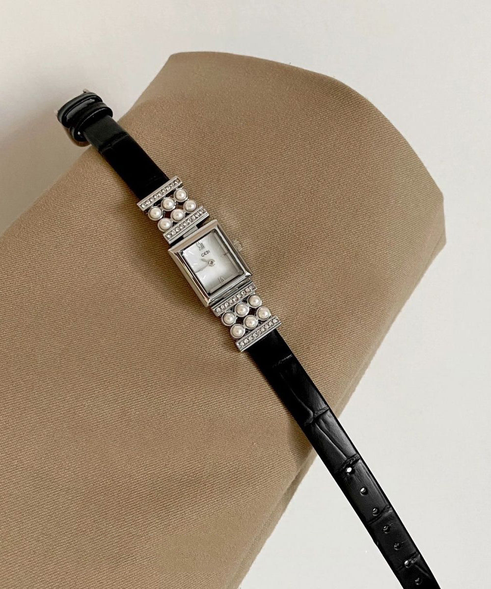 Montres uniques en cuir noir Hardlex Crystal Pearl Zircon - Street-Wave
