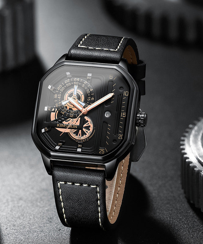 Montres uniques en cuir noir avec mouvement à quartz noctilucent - Street-Wave