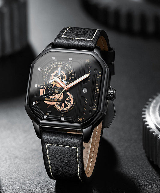 Montres uniques en cuir noir avec mouvement à quartz noctilucent - Street-Wave