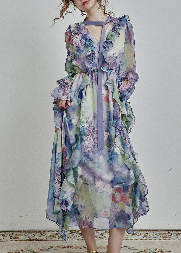 Robe longue en mousseline de soie bleue unique à col en V et volants, imprimée, printemps - Street-Wave