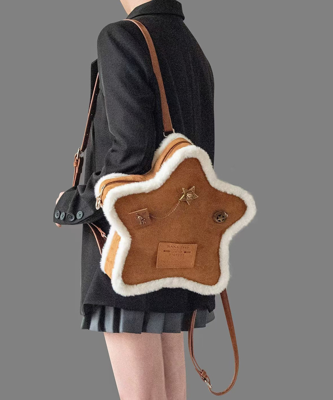 Sac à dos unique en faux daim marron à motif étoile à cinq branches - Street-Wave