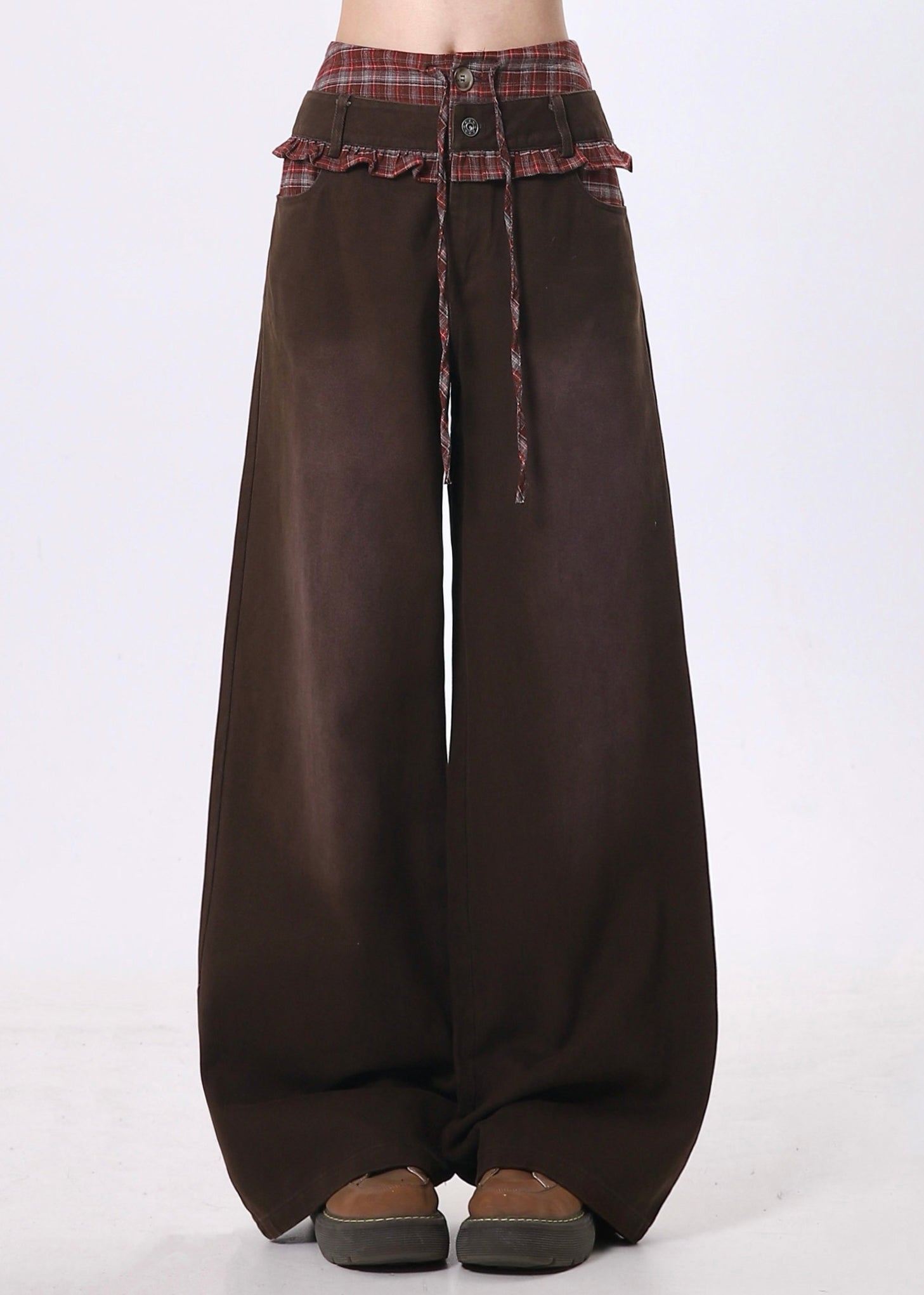 Pantalon patchwork en coton marron à volants, style unique, pour le printemps - Street-Wave