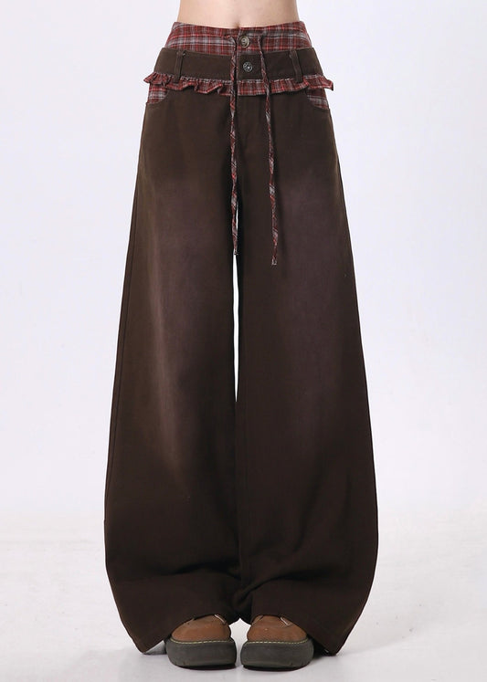 Pantalon patchwork en coton marron à volants, style unique, pour le printemps - Street-Wave